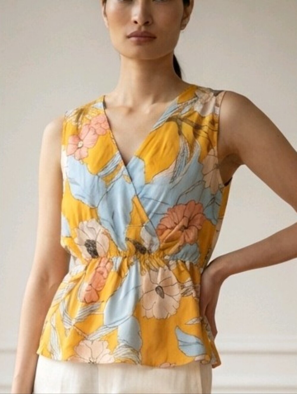Women's Harve Benard Boho Floral Blouse L Yellow Light Blue Bias Cut Cinch Waist